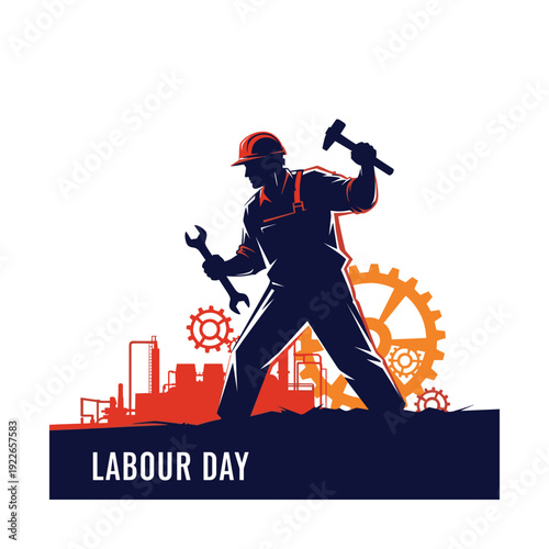 Labour Day worker with tools and gears in industrial setting