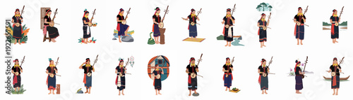 Collection of illustrations showcasing Southeast Asian indigenous women with long neck rings, playing traditional bowed string instruments in diverse cultural and natural settings.