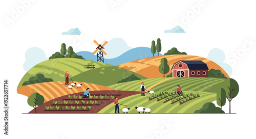 Farming and Agriculture Vector. Rural Landscape with Farmers Working, Cultivating Crops, Herding Sheep, Red Barn, and Windmill on Rolling Hills.