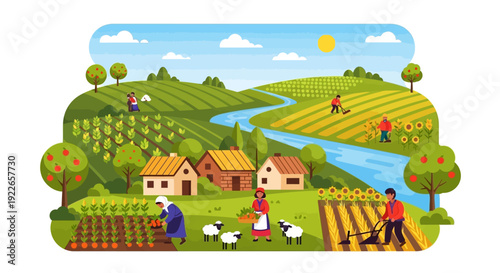 Rural Farming Landscape Illustration: Sustainable Agriculture, Farmers Working, Village Houses, Green Fields, River, and Crops.
