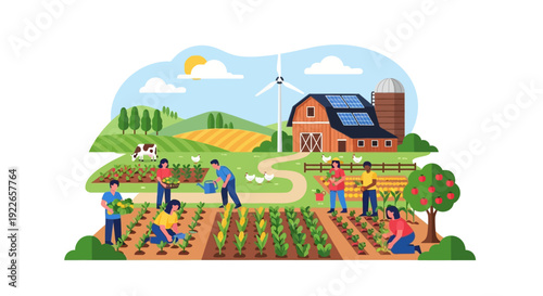 Sustainable Farming Community Working in Fields with Solar Panels, Wind Turbine, and Modern Agriculture Technology.