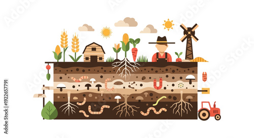 Farmland Soil Layers Cross Section Illustration: Healthy Farming Ecosystem with Roots, Earthworms, Microorganisms, and Farmer on White Background
