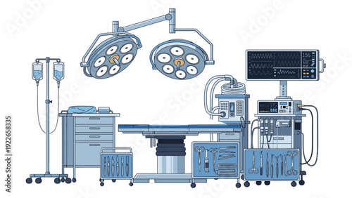 Operating room equipment setup with surgical lights, monitor, and medical furniture on a clean white background.