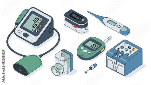 Collection of various medical devices including a blood pressure monitor, glucometer, and thermometer on a white background.