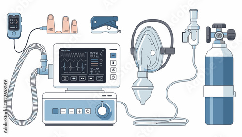 Illustration of a ventilator machine with oxygen tank and medical equipment on a clean white background.