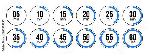 Timer icons set for minutes and seconds countdown on white background