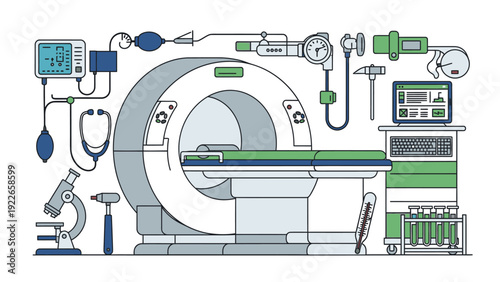 Detailed illustration of a medical MRI machine with various diagnostic equipment and monitors in a clinical setting.