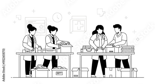 Healthcare Professionals Packing Medical Supplies and Donations for Charity