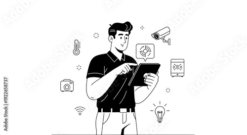 Man controlling smart home devices with tablet, technology concept