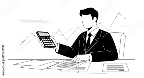 Man in suit with calculator and charts, business and finance concept illustration