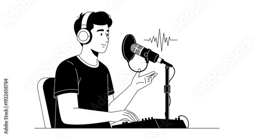 Man Recording Podcast with Microphone and Headphones, Sound Waves Illustration