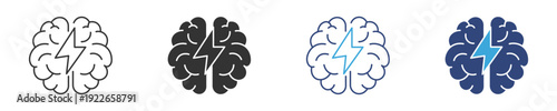Brain Lightning Icon. Fast Thinking and Smart Idea Symbol. Intelligence and Creativity Concept, Vector Illustration.