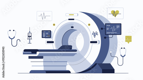 Illustration of a medical MRI machine with various healthcare symbols and icons on a clean white background.
