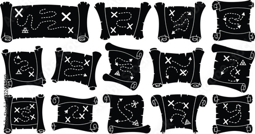 Black and white treasure map vector illustrations, rolled parchment adventure icons with paths arrows landmarks X marks for pirate storytelling and game design