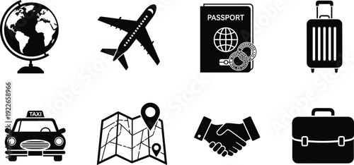 Black and white travel business icons vector set, globe airplane passport suitcase taxi map handshake briefcase symbols for tourism and professional design