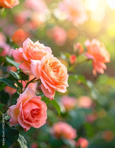 A serene garden scene with peach-colored roses in full bloom