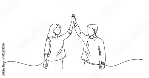 Continuous line art of high-fiving male and female adults. no editable stroke