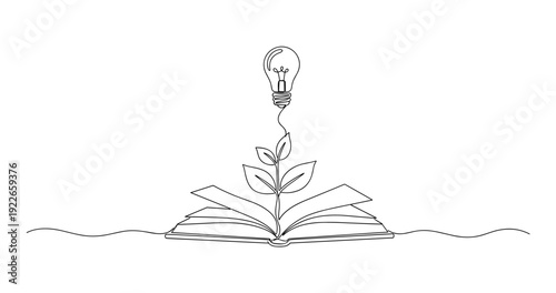 Continuous line drawing of book with growing plant and light bulb symbolizing knowledge and growth. no editable stroke
