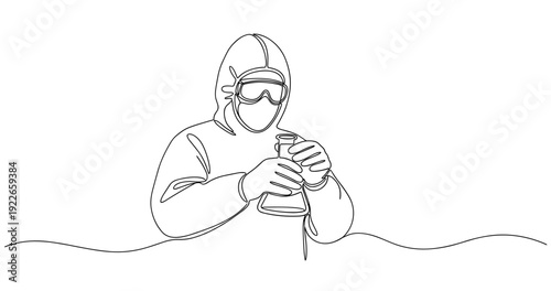 Scientist in protective gear handling laboratory flask. no editable stroke