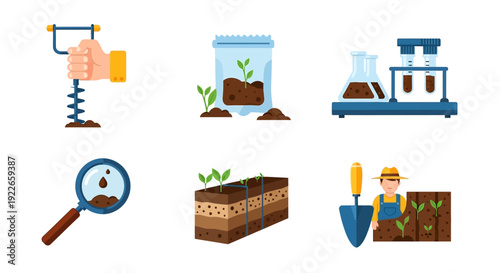 Soil Testing and Agriculture Research Flat Icons Set. Farming Analysis, Soil Sample Collection, Planting, and Cultivation Vector Illustration