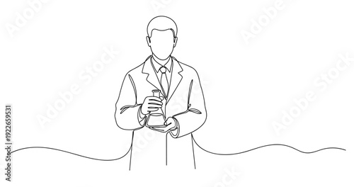 Outline of male scientist holding flask in lab coat. no editable stroke
