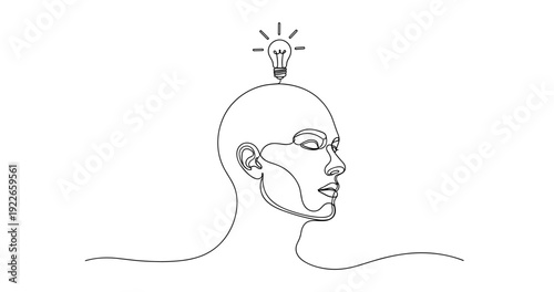 Continuous line drawing of person with lightbulb idea concept. no editable stroke