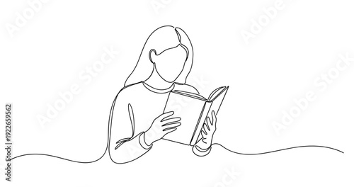 Line drawing of female reading book - minimalist outline art. no editable stroke