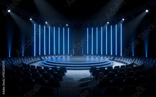 Stage with blue lights and empty chairs in dark theater
