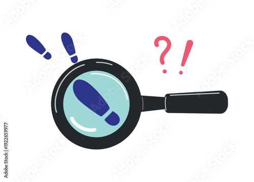 Magnifying glass with a handle, magnification. Human footprints. Shoe print. Search, investigation, detective. Question mark, exclamation point. Concepts of research, finding answers to questions. 