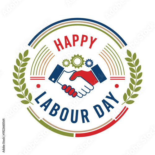 Vibrant Labour Day logo with handshake and gears
