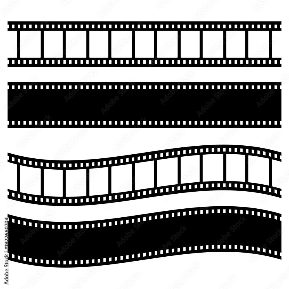 Fototapeta premium Film strip vector set on transparent background. Straight and wavy cinema negative frame icons for cinema-themed branding, movie production logos, photography blog headers, and video editing designs