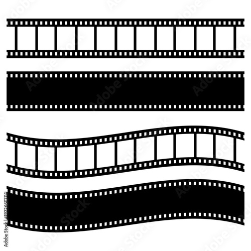 Film strip vector set on transparent background. Straight and wavy cinema negative frame icons for cinema-themed branding, movie production logos, photography blog headers, and video editing designs