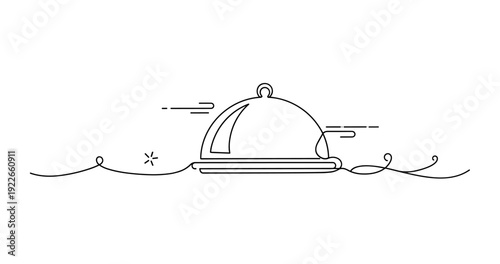 Minimalist line art of serving platter with steam and lid. None editable stroke