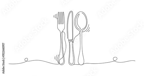Minimalist line art of cutlery set with fork, knife, and spoon. None editable stroke