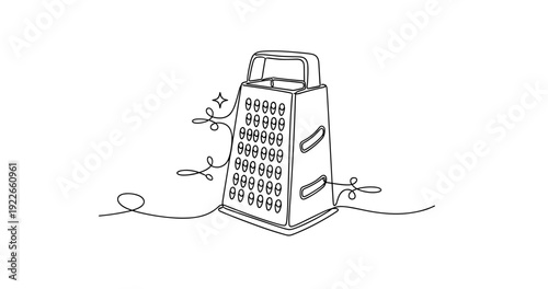 Line art illustration of box grater with decorative elements. None editable stroke