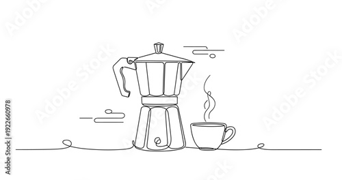 Minimalist line art of coffee maker and cup with steam. None editable stroke