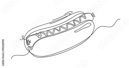 Continuous line drawing of a hot dog with mustard in minimalist style. None editable stroke