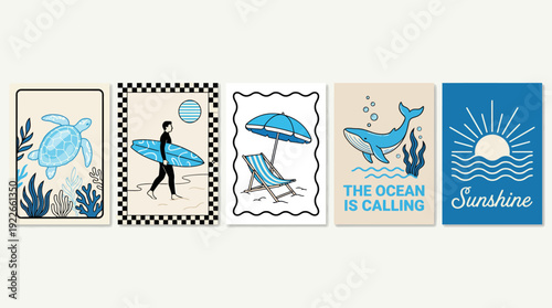 Five blue ocean themed postcard designs featuring surfing waves beach umbrellas and sunlit motifs, with the captions the ocean is calling and sunshine in a playful coastal illustration set