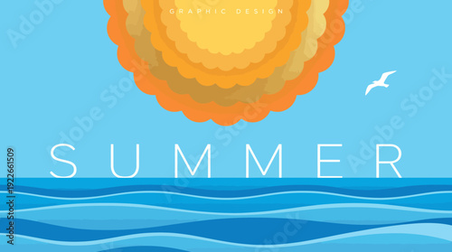 Bright summer ocean scene with a glowing sun, blue sky, gentle waves, and seagulls for a cheerful coastal travel backdrop