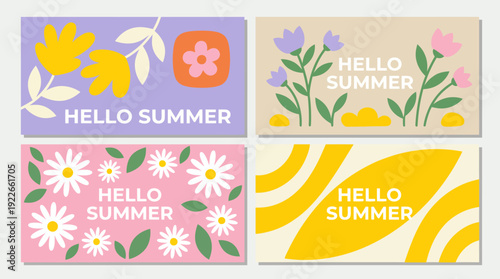 Set of four colorful Hello Summer banners featuring floral motifs, daisies, and pastel hues for seasonal promotional use