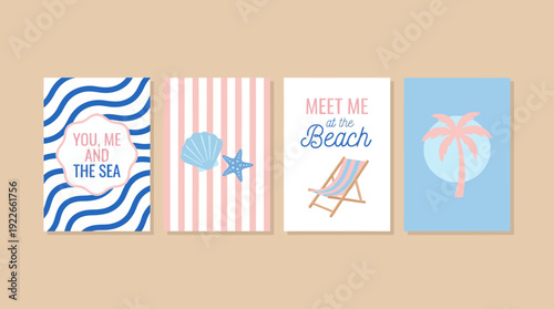 Pastel beach postcard set featuring tropical palm, lounge chair, and striped patterns for stylish summer decor and greeting cards.