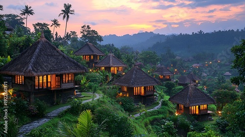 Bali hillside bungalows at sunset