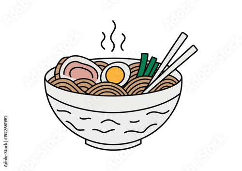 Noodle bowl ramen hand drawn line style illustration of Asian soup dish, classic Korean and Chinese cuisine symbol