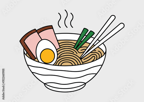 Noodle bowl ramen hand drawn line style illustration of Asian soup dish, classic Korean and Chinese cuisine symbol