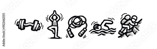 Hand-Drawn Sports and Fitness Icons Set with Halftone Texture