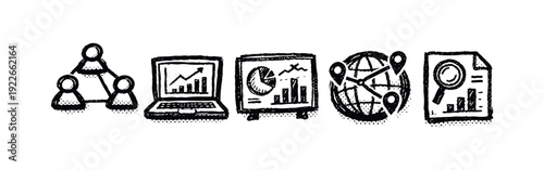 Hand-Drawn Business Analytics and Global Collaboration Icons with Halftone Texture
