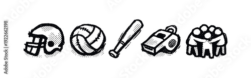 Hand drawn sports icons: American football helmet, volleyball, baseball bat, whistle, and team huddle.