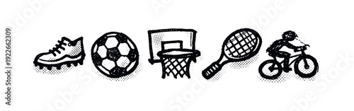 Hand-Drawn Sports Equipment Icons Set - Grunge Style Doodle Illustration