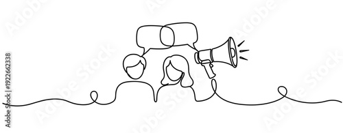 Continuous line art of two people communicating with speech bubbles and a megaphone. No editable stroke