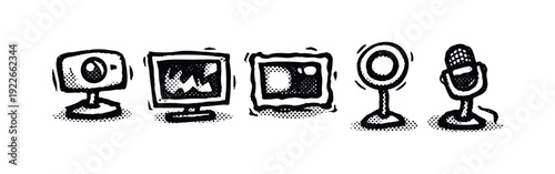 Hand-Drawn Video Production and Streaming Icons - Doodle Grunge Set